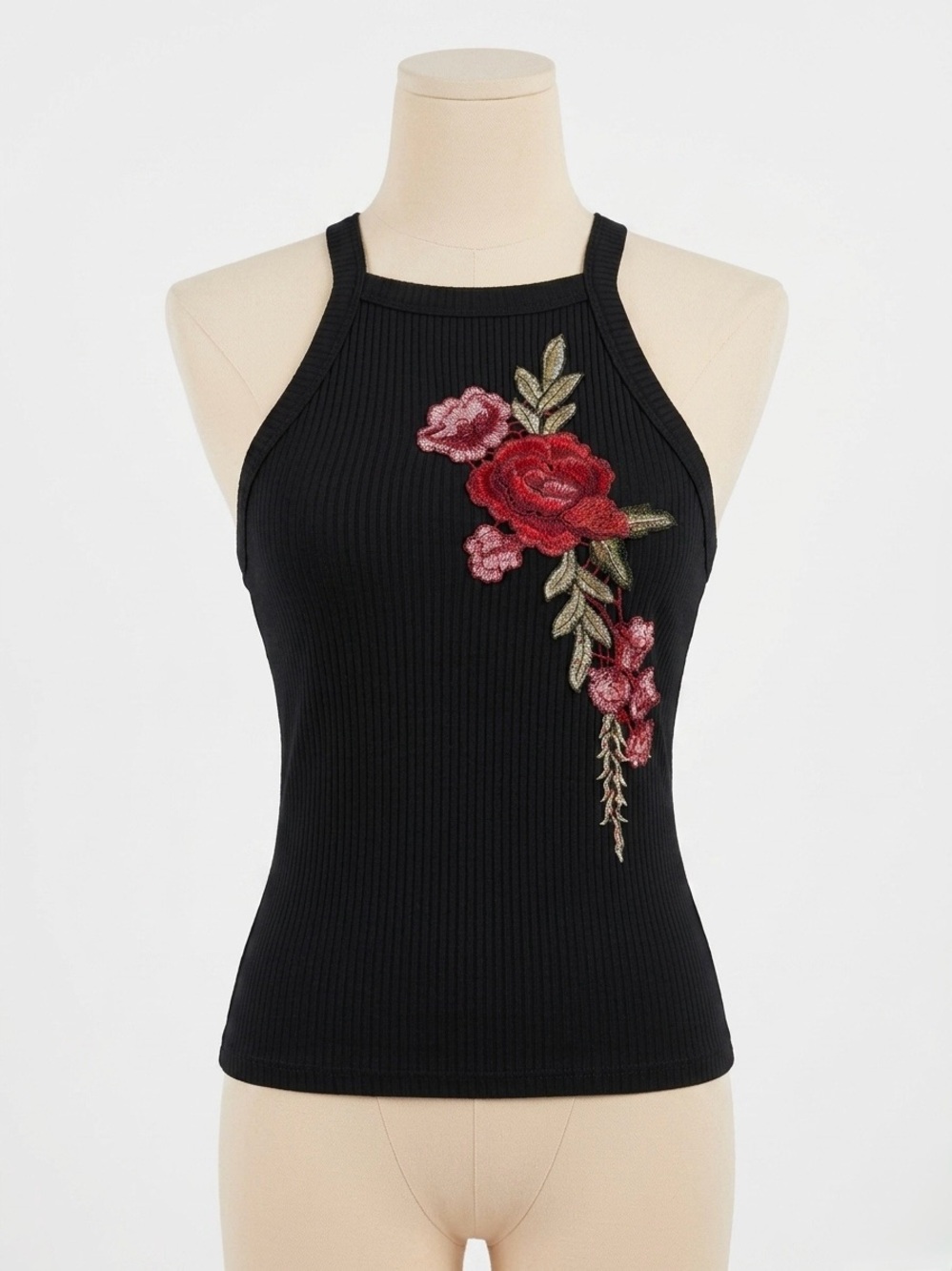 Emma & Sam Embroidered Rose Ribbed Stretch Tank Top